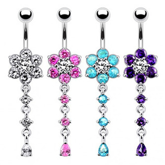 BP01290-P Stříbrný piercing do pupíku - kytička - květiny - růžová