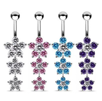 BP5004-Q Stříbrný visací piercing do pupíku - květiny - tyrkysová