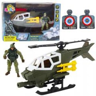 Helikopter wojskowy i figurka żołnierza z bronią