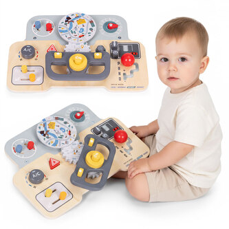 Montessori manipulační deska pro děti – dřevěný panel s volantem a přepínači; přírodní, vícebarevný; dřevo, MDF