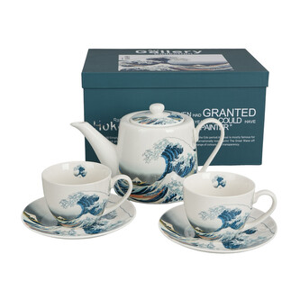 Zestaw dzbanek z zaparzaczem ze stali nierdzewnej i 2 filiżanki ze spodkami THE GREAT WAVE inspired by Hokusai