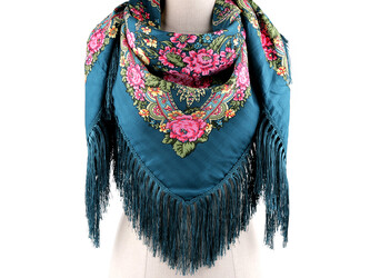 Šátek folklór květy s třásněmi 105x105 cm - 1 ks - 4 petrolejová