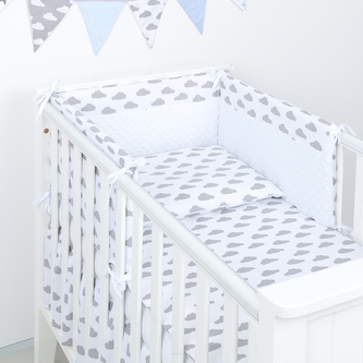 Mantinel s povlečením do postýlky, 3D sada, Obláčky, 135x100 cm, bílá, šedá; bílá, šedá; 100 % bavlna