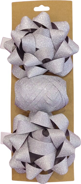 Třpytivá dárková balicí sada, stříbrná (stuha 10 m + 2x mašle hvězda 9 cm)