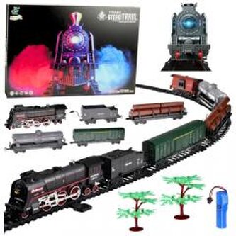 Parowóz na torach ze świełem, dżwiękiem i dymem