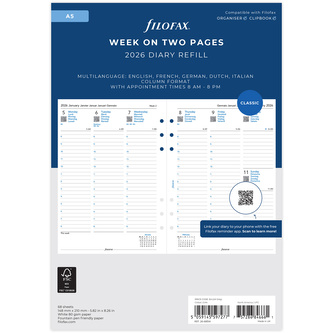 Filofax, Kalendář 2026 A5, týden/2 strany, sloupce, 5 jazyků