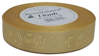 Wstążka metal Wesołych Świąt, 15mm/18mb, złoto/złoto, Florystyka