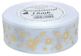 Wstążka metal Gwiazdki, 25mm/18mb, biała/złoto, Florystyka