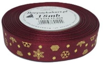 Wstążka metal Śnieżynki, 15mm/18mb, bordo/złoto, Florystyka