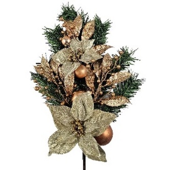 Gałązka świerkowa ze złotymi poisencjami i złotymi kulkami zdobiona brokatem, Ziemia Obiecana