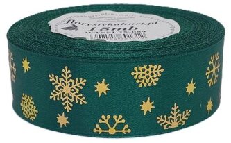 Wstążka metal Śnieżynki, 25mm/18mb, butelka/złoto, Florystyka