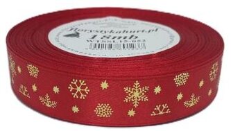Wstążka metal Śnieżynki, 15mm/18mb, c.czerwo/złoto, Florystyka