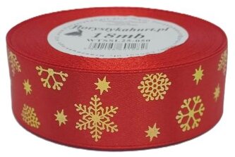 Wstążka metal Śnieżynki, 25mm/18mb, czerwona/złoto, Florystyka