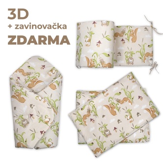 3D Mantinel s povlečením + zavinovačka zdarma, Veverky, béžová, šedá; béžová, šedá; bavlna,hypoalergenní duté vlákno