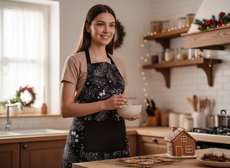 Vánoční kuchyňská zástěra FESTIVE XMAS černá 60x75 cm 100% bavlna