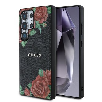Guess PU Leather 4G Flowers Print Metal Classic Logo MagSafe Zadní Kryt pro Samsung Galaxy S25 Ultra Black