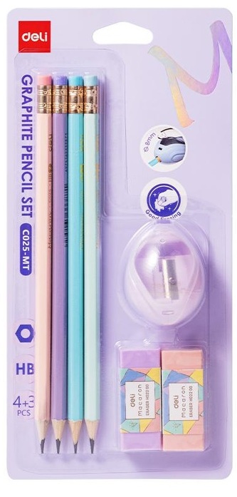 Zestaw ołówek HB 4szt + gumka 2szt+ temperówka 1szt  MACARON blister