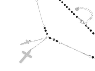 Náhrdelník z nerezové oceli křížek s broušenými korálky - 1 ks - 1 černá stříbrná