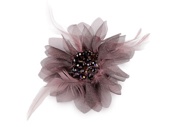 Brož se skleněnými broušenými korálky a peřím - 1 ks - 6 starorůžová