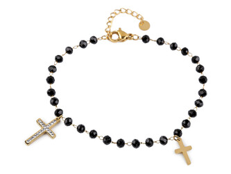 Náramek z nerezové oceli křížek s broušenými korálky - 1 ks - 2 černá zlatá