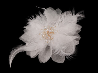 Brož se skleněnými broušenými korálky a peřím - 1 ks - 1 bílá