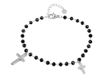 Náramek z nerezové oceli křížek s broušenými korálky - 1 ks - 1 černá stříbrná