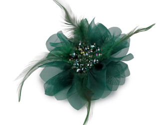 Brož se skleněnými broušenými korálky a peřím - 1 ks - 3 zelená tmavá