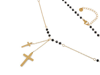 Náhrdelník z nerezové oceli křížek s broušenými korálky - 1 ks - 2 černá zlatá