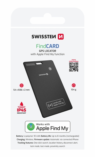 SWISSTEN FIND CARD CHYTRÝ LOKÁTOR S FUNKCÍ APPLE FIND MY ČERNÝ