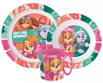 Plastový jídelní set TLAPKOVÁ PATROLA what´s your superpower růžový