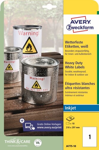 Avery Zweckform J4775-10 Odolné PET etikety A4 pro Inkjet 210x297, bílé