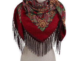 Šátek folklór květy s třásněmi 105x105 cm - 1 ks - 13 vínová