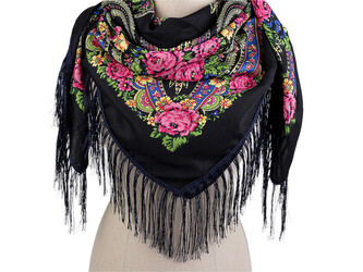 Šátek folklór květy s třásněmi 105x105 cm - 1 ks - 14 modrá tmavá