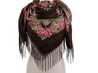 Šátek folklór květy s třásněmi 105x105 cm - 1 ks - 17 hnědá