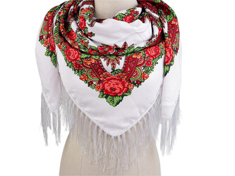 Šátek folklór květy s třásněmi 105x105 cm - 1 ks - 15 bílá červená