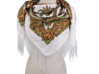 Šátek folklór květy s třásněmi 105x105 cm - 1 ks - 16 bílá béžová