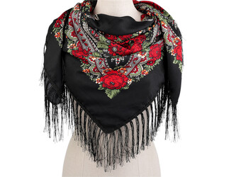 Šátek folklór květy s třásněmi 105x105 cm - 1 ks - 18 černá