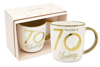 Kubek elite 70-tka biało złoty, kremowy kartonik