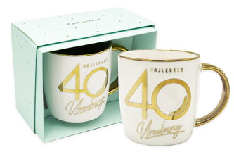 Kubek elite 40-tka biało złoty, błękitny kartonik