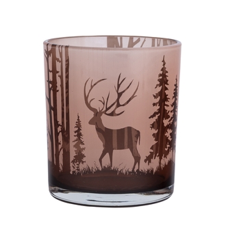 ŚWIECZNIK SZKLANY MLECZNY 9X9X10 CM DEK. RENIFER