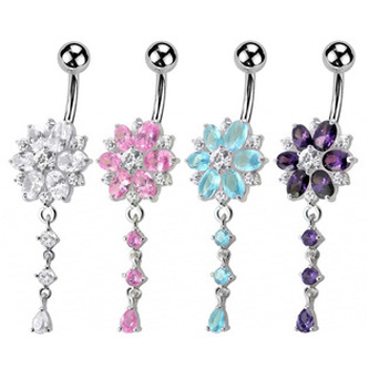BP01120-A Stříbrný piercing do pupíku - kytička - květiny - fialová