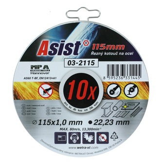 Sada řezných kotoučů ocel/INOX 115 x 1mm, 10ks v plechovém boxu ASIST 03-2115