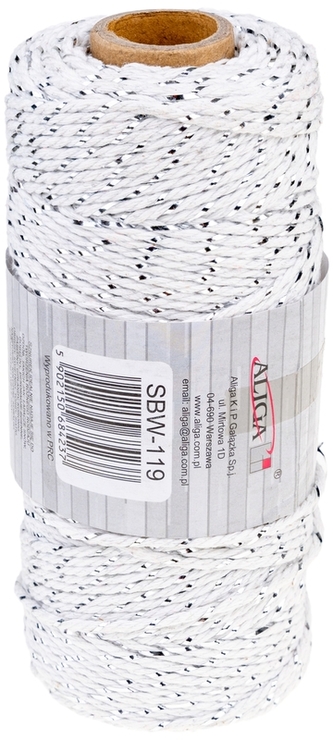 Sznurek bawełniany 3mm x 100m biały ze srebrny nitką SBW-119 splot 21 nitek, Aliga