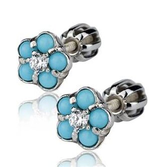 ZB53528-S Stříbrné náušnice šroubovací - kytičky tyrkysové - květiny