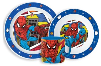 Plastový jídelní set SPIDERMAN nad věžákem s hrnkem modrý
