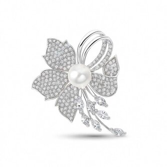 Třpytivá květinová brož s umělou perlou Silver Troli