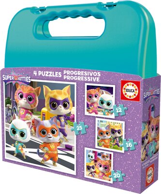 EDUCA Puzzle v kufříku Super Kitties 4v1 (12,16,20,25 dílků)