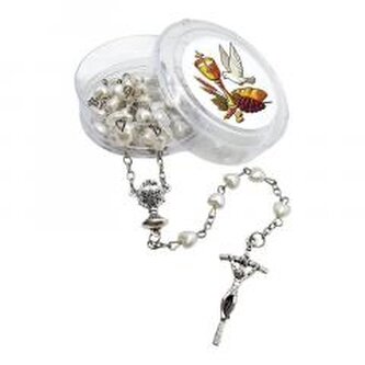 Różaniec komunijny biały serduszko z pudełkiem