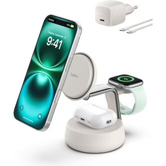 Belkin UltraCharge™ PRO Qi2 25W 3v1 MagSafe nabíječka pro iPhone/Apple Watch/AirPods písečná