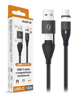 Datový kabel ALIGATOR MAGNETIC 3A 65W, USB-C+USB/USB-C 1,5m